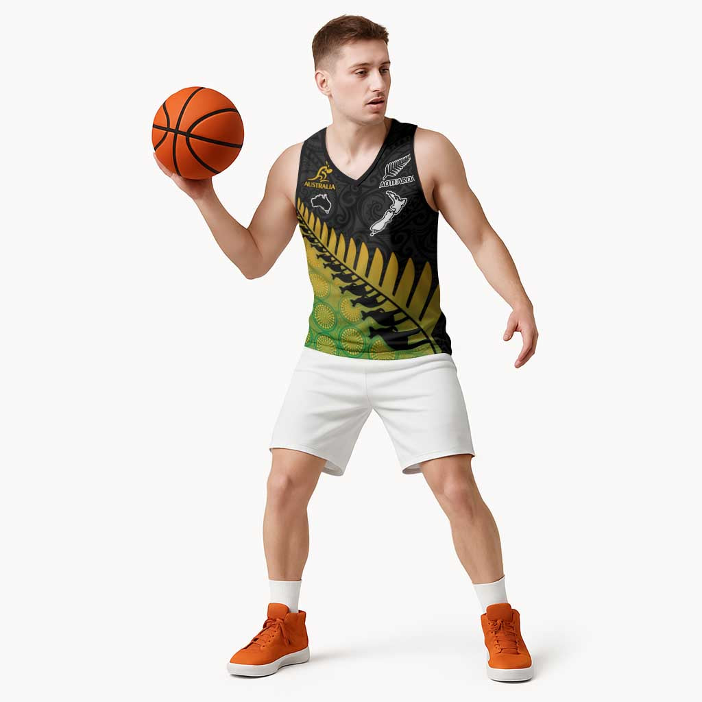 Australia New Zealand Rugby Basketball Jersey Gradient Aboriginal Wallabies and Maori Black Fern LT9 - Polynesian Pride