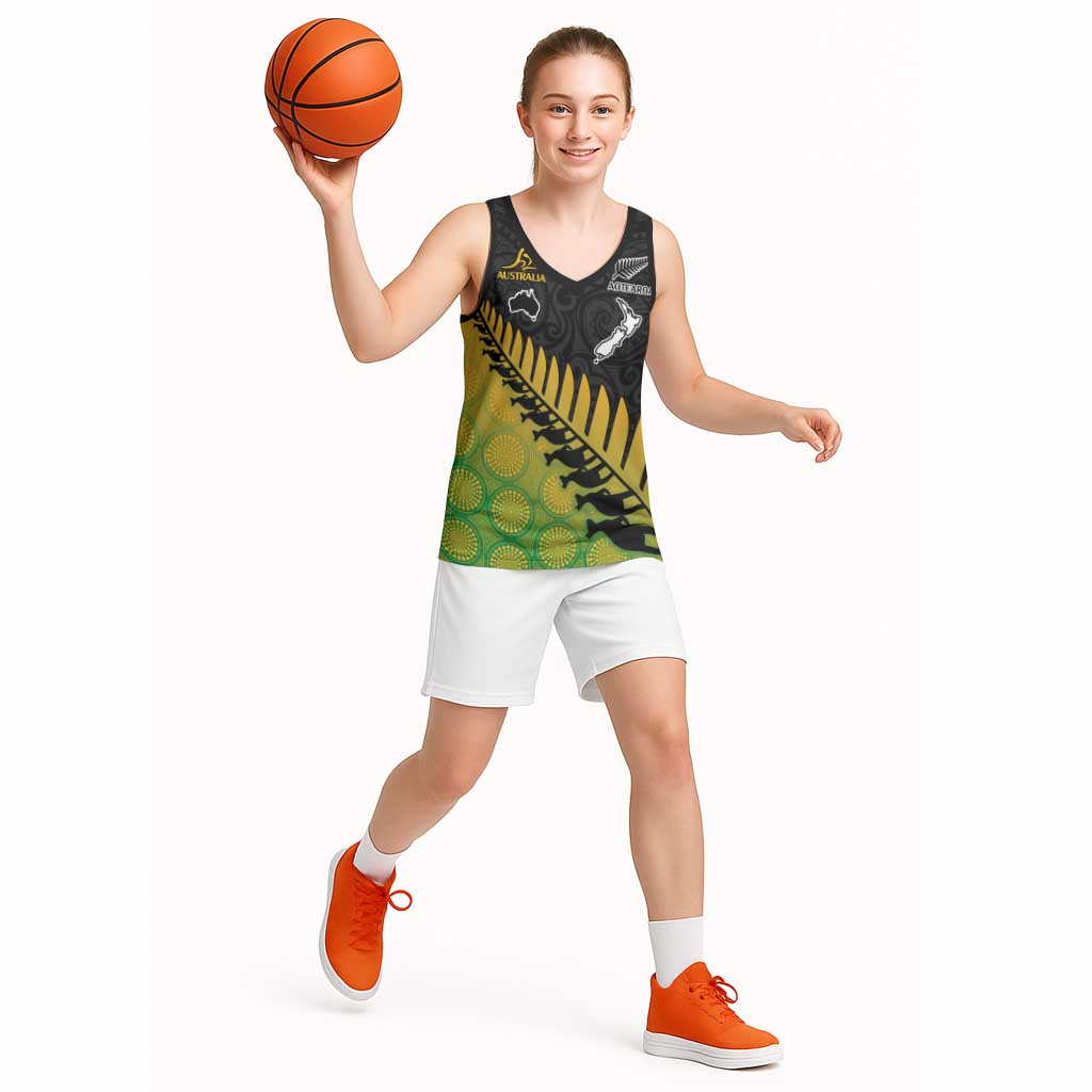 Australia New Zealand Rugby Basketball Jersey Gradient Aboriginal Wallabies and Maori Black Fern LT9 - Polynesian Pride