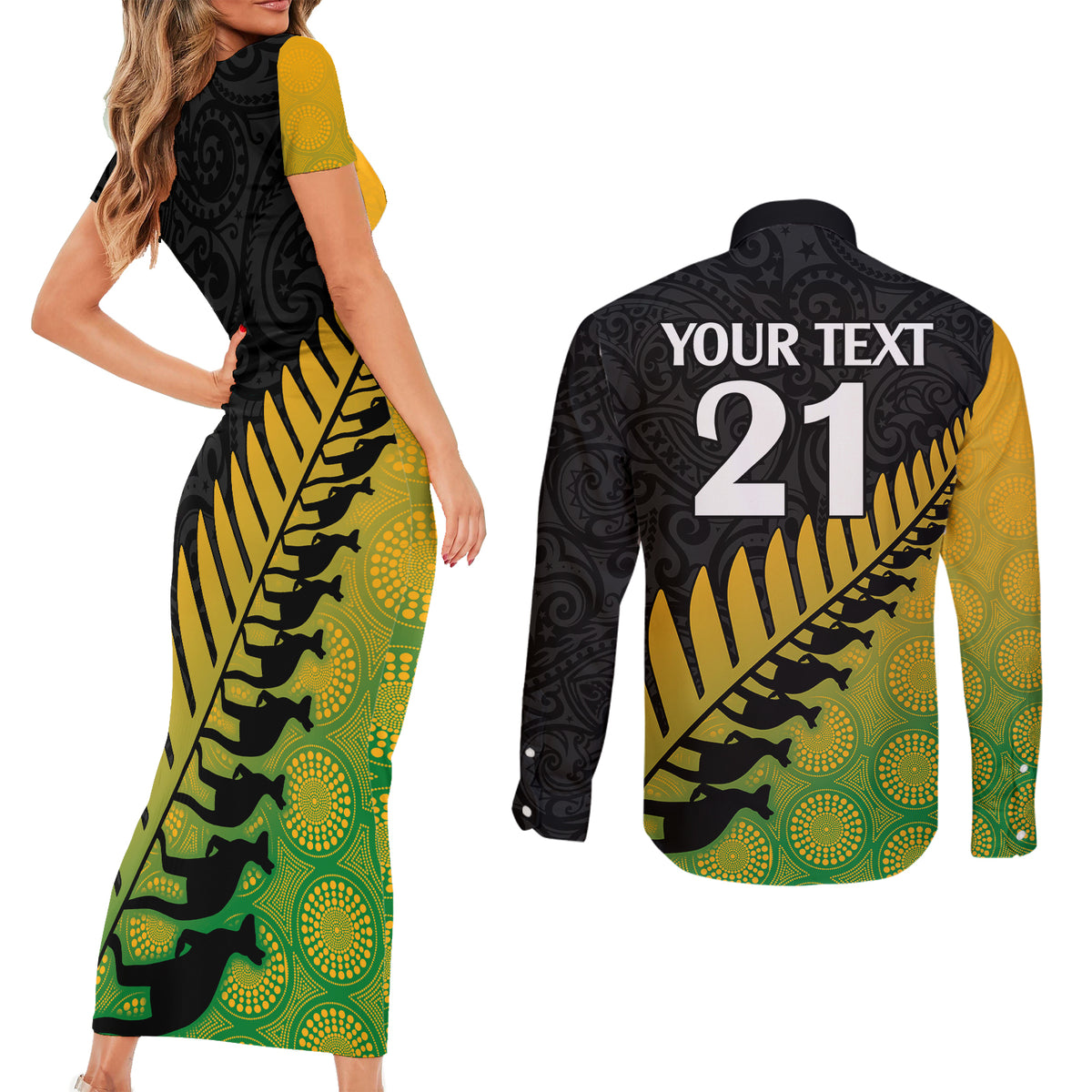 Custom Australia Wallabies and Aotearoa Rugby Couples Matching Short Sleeve Bodycon Dress and Long Sleeve Button Shirts Kangaroo Black Fern Maori Gradient Vibe LT9 - Polynesian Pride