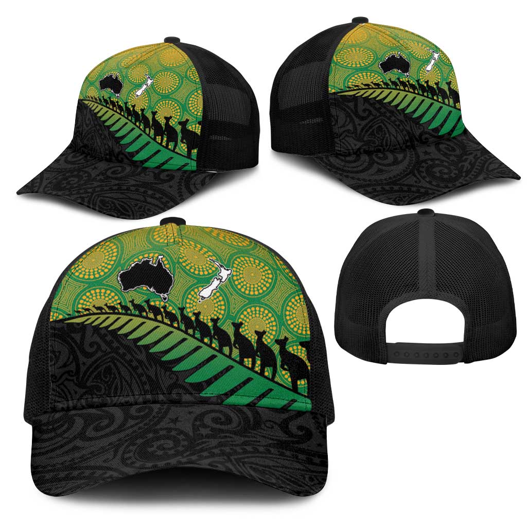 Australia New Zealand Rugby Mesh Trucker Cap Gradient Aboriginal Wallabies and Maori Black Fern - Polynesian Pride