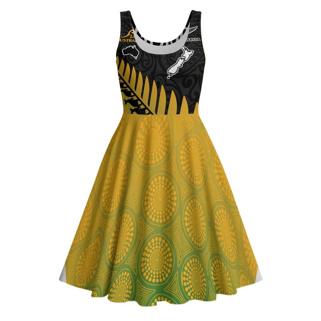 Australia New Zealand Rugby Midi Dress Gradient Aboriginal Wallabies and Maori Black Fern LT9 Gradient - Polynesian Pride