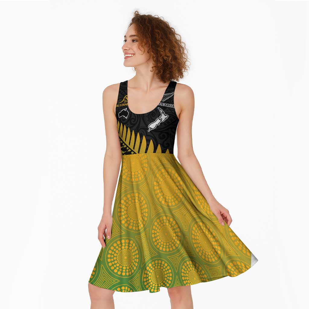 Australia New Zealand Rugby Midi Dress Gradient Aboriginal Wallabies and Maori Black Fern LT9 - Polynesian Pride