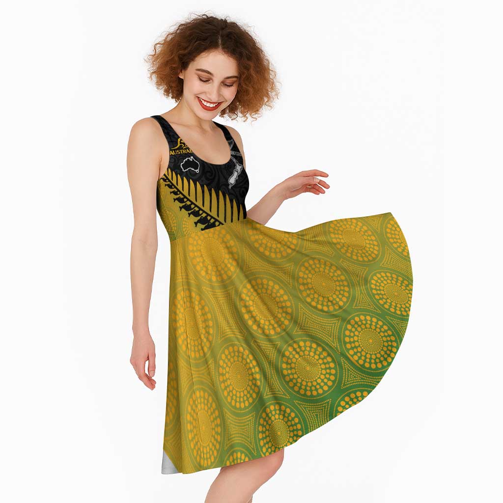 Australia New Zealand Rugby Midi Dress Gradient Aboriginal Wallabies and Maori Black Fern LT9 - Polynesian Pride