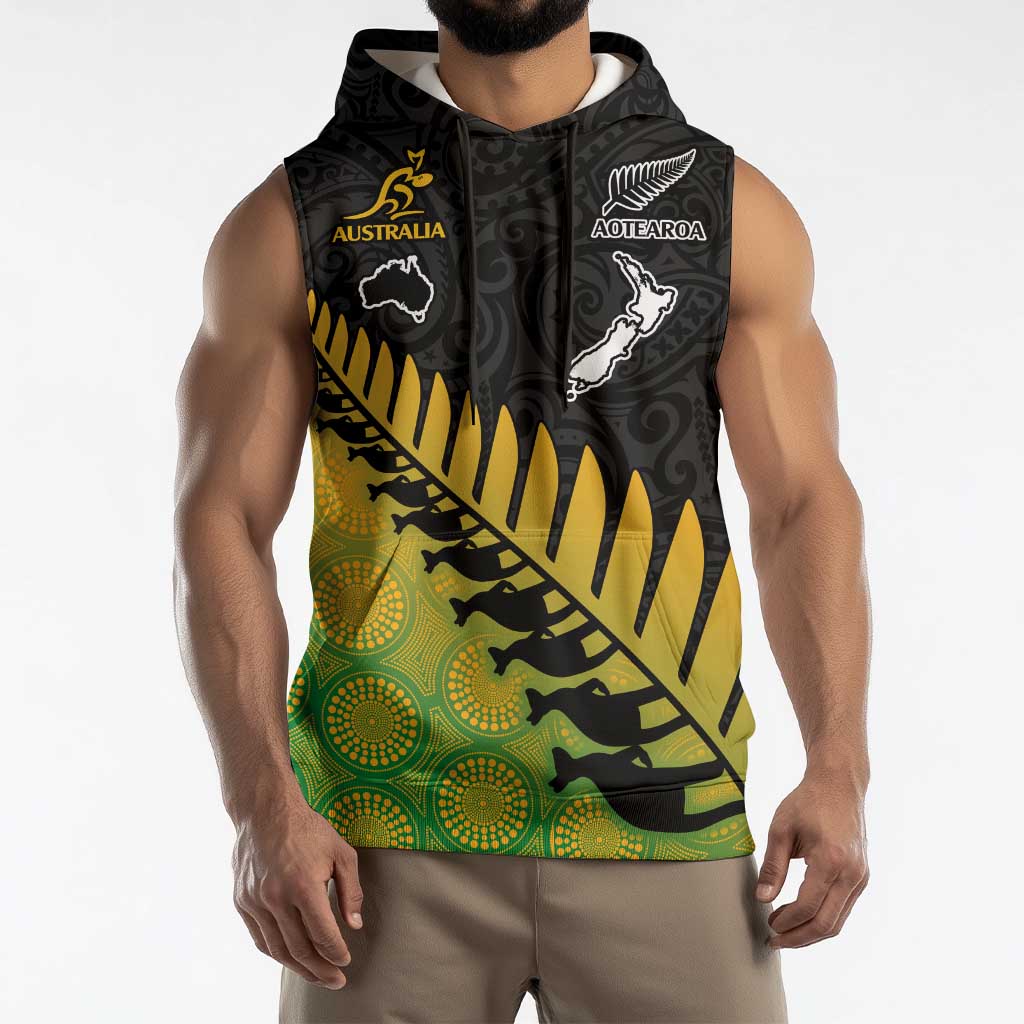 Australia New Zealand Rugby Sleeveless Hoodie Gradient Aboriginal Wallabies and Maori Black Fern LT9 - Polynesian Pride