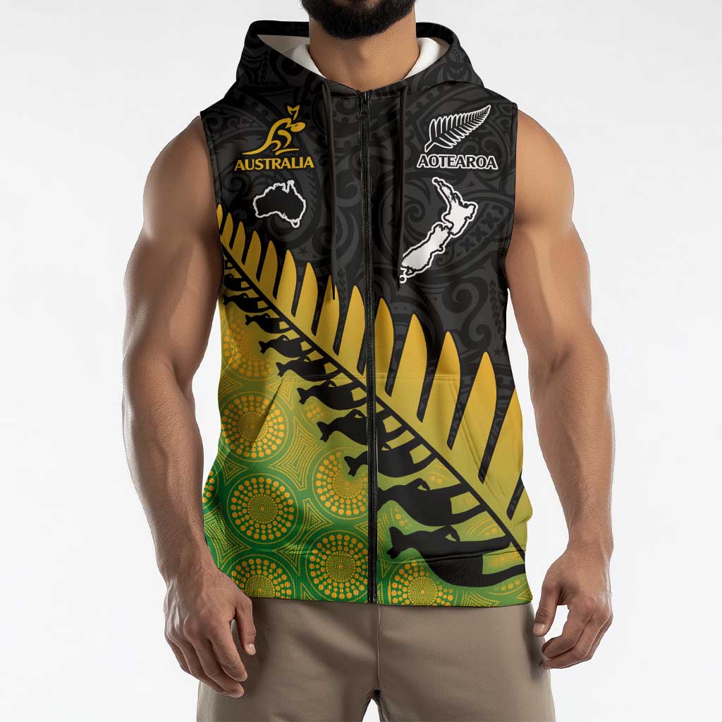Australia New Zealand Rugby Sleeveless Zip Hoodie Gradient Aboriginal Wallabies and Maori Black Fern LT9 - Polynesian Pride