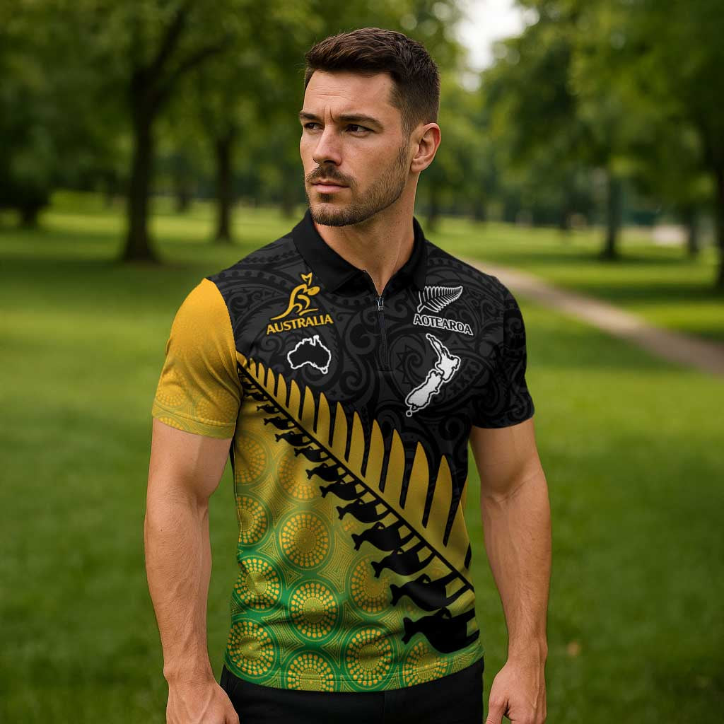 Australia New Zealand Rugby Zipper Polo Shirt Gradient Aboriginal Wallabies and Maori Black Fern LT9 - Polynesian Pride