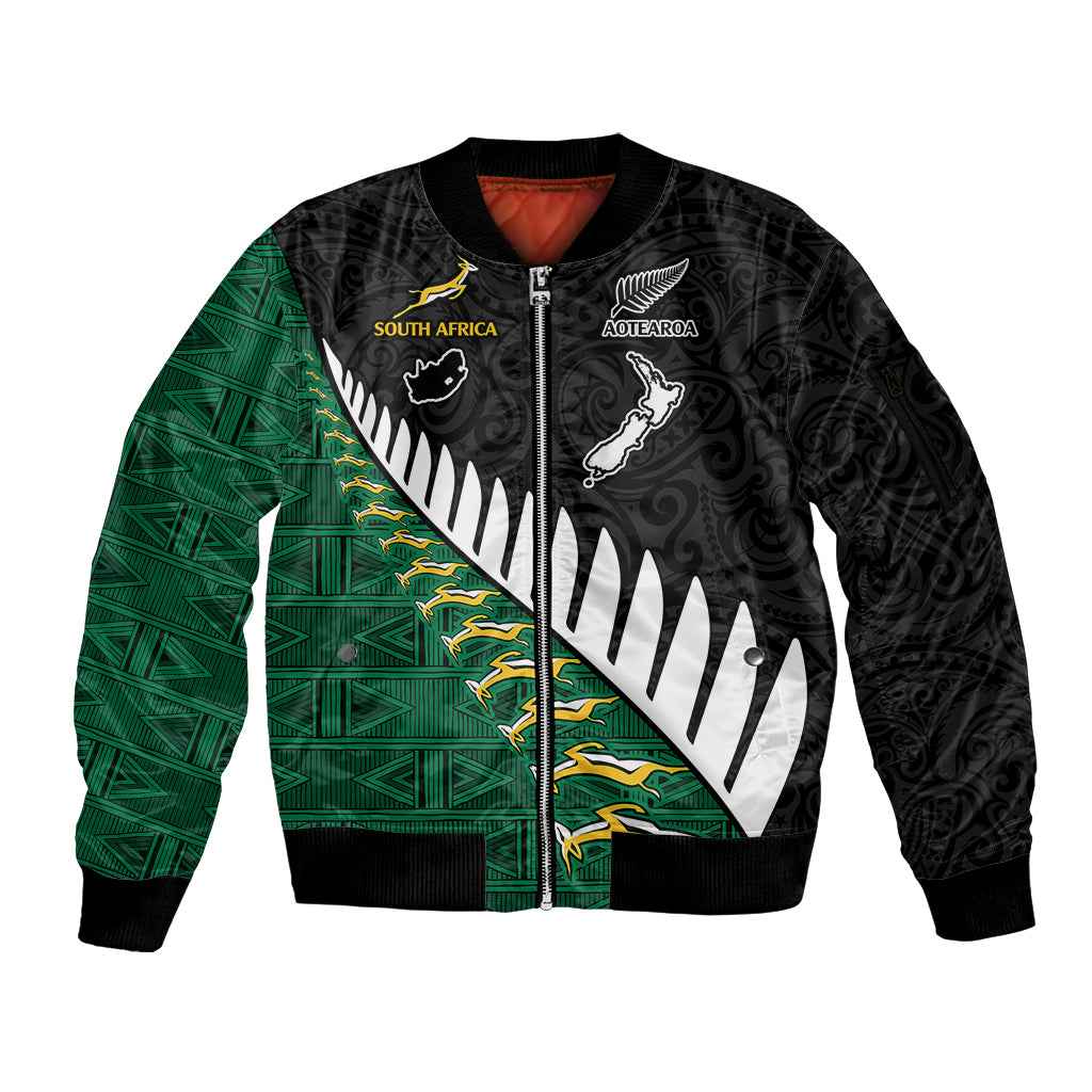 South Africa and Aotearoa Rugby Sleeve Zip Bomber Jacket Springboks Black Fern Maori Vibe LT9 Unisex Black - Polynesian Pride