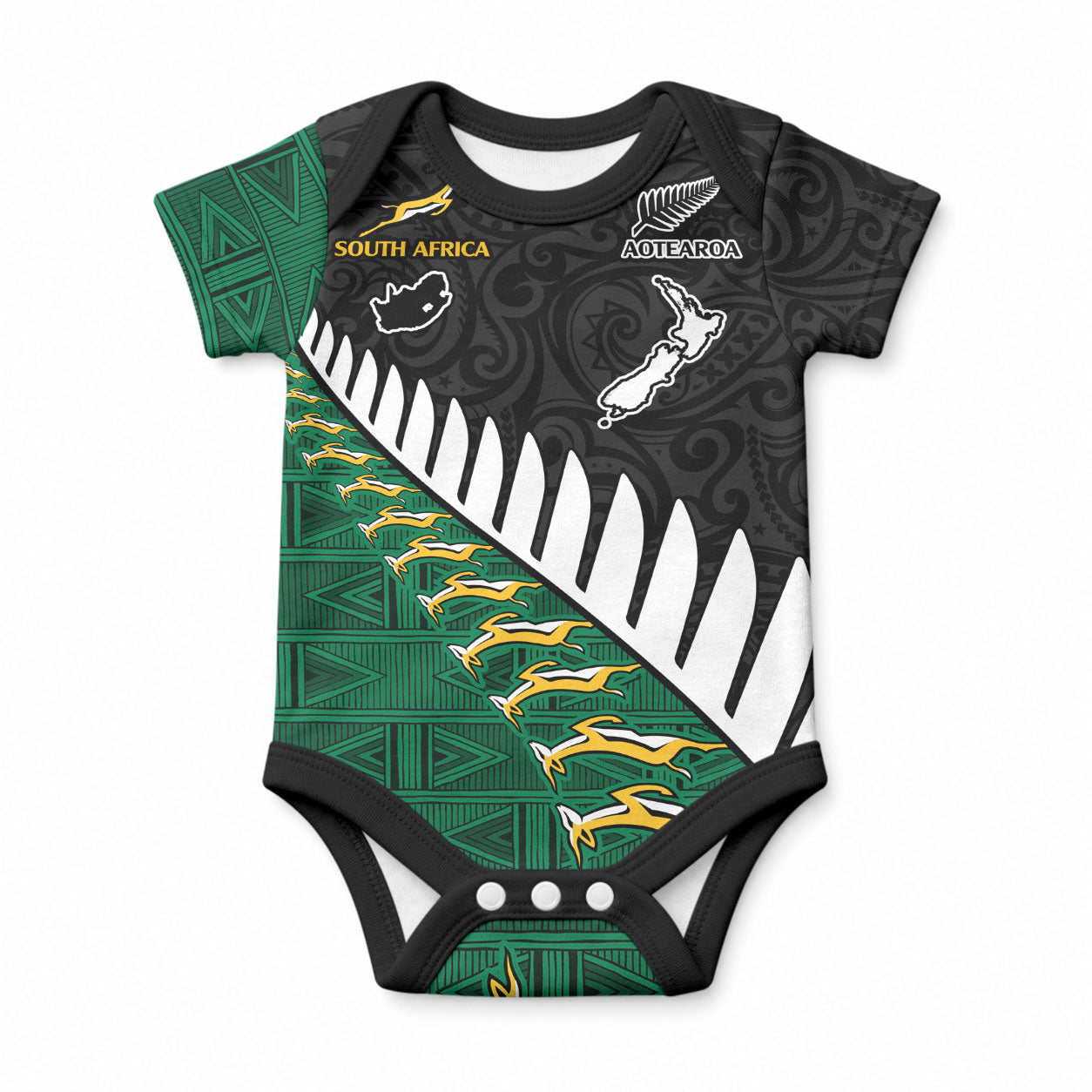 Custom South Africa and Aotearoa Rugby Baby Onesie Springboks Black Fern Maori Vibe
