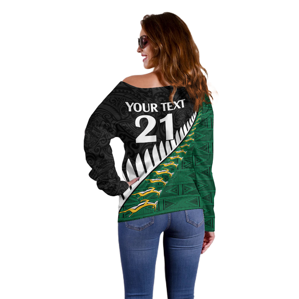 Custom South Africa and Aotearoa Rugby Off Shoulder Sweater Springboks Black Fern Maori Vibe LT9 - Polynesian Pride
