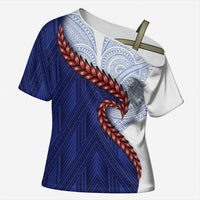 Ula Fala Red Samoa Chief Cross Shoulder Shirt Samoan Art Black Tribal LT9 Female Blue - Polynesian Pride