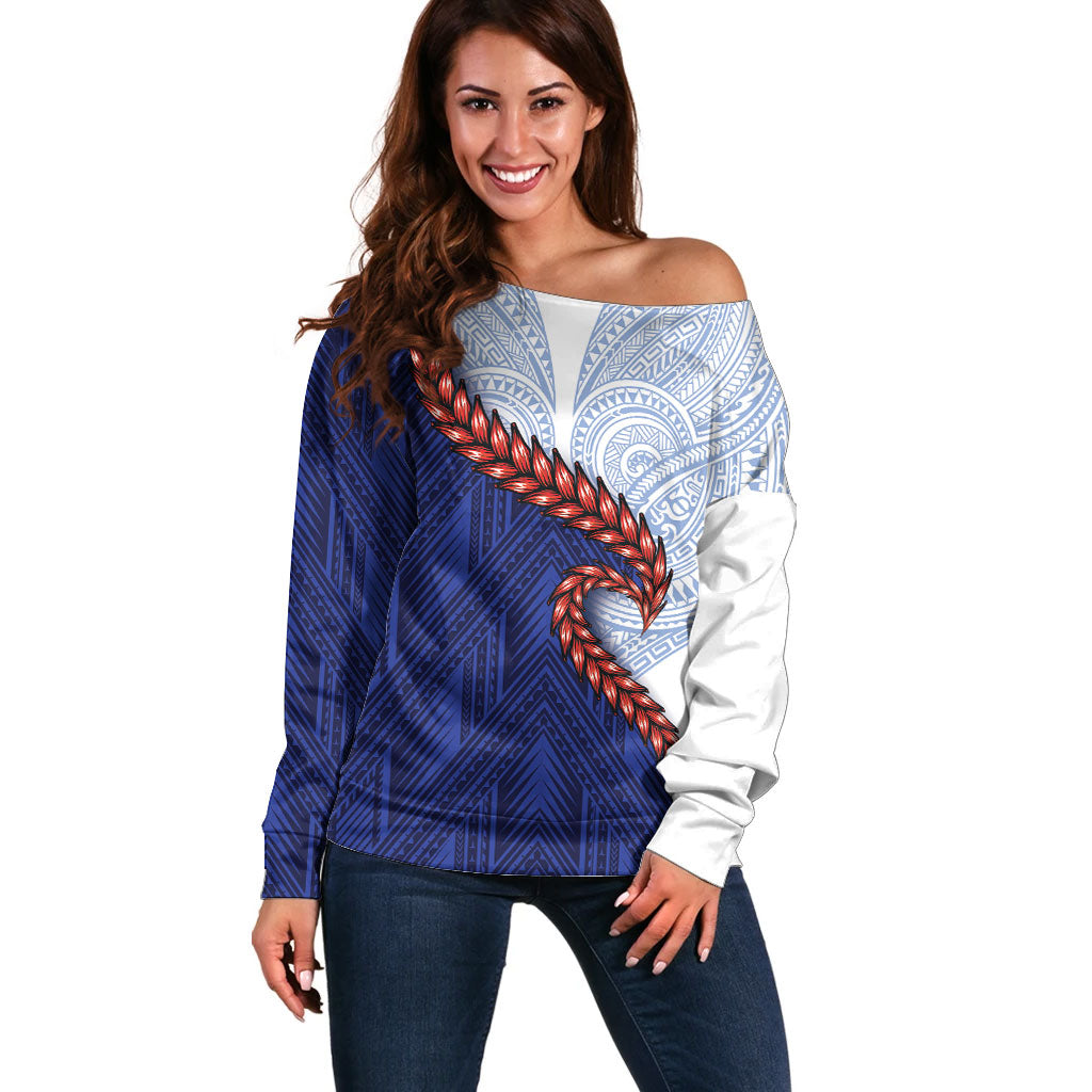 Ula Fala Red Samoa Chief Off Shoulder Sweater Samoan Art Black Tribal LT9 Women Blue - Polynesian Pride