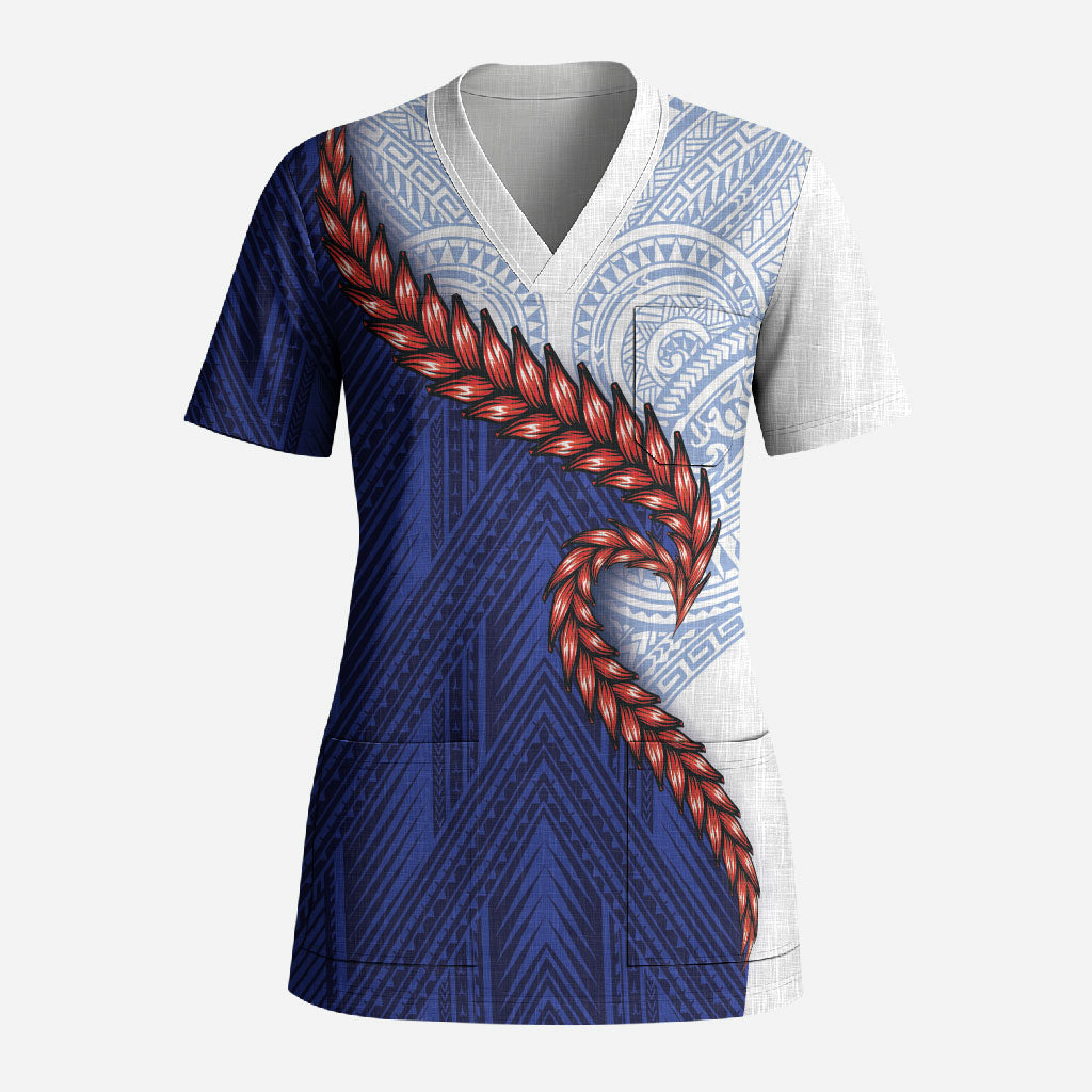 Ula Fala Red Samoa Chief Scrub Top Samoan Art Black Tribal LT9 Adult Blue - Polynesian Pride