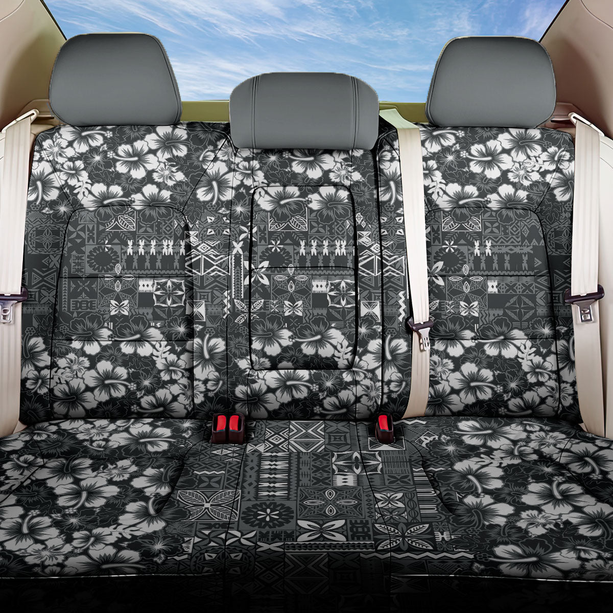 Black Hawaiian Tapa Tribal Hibiscus Back Car Seat Cover LT9 One Size Black - Polynesian Pride