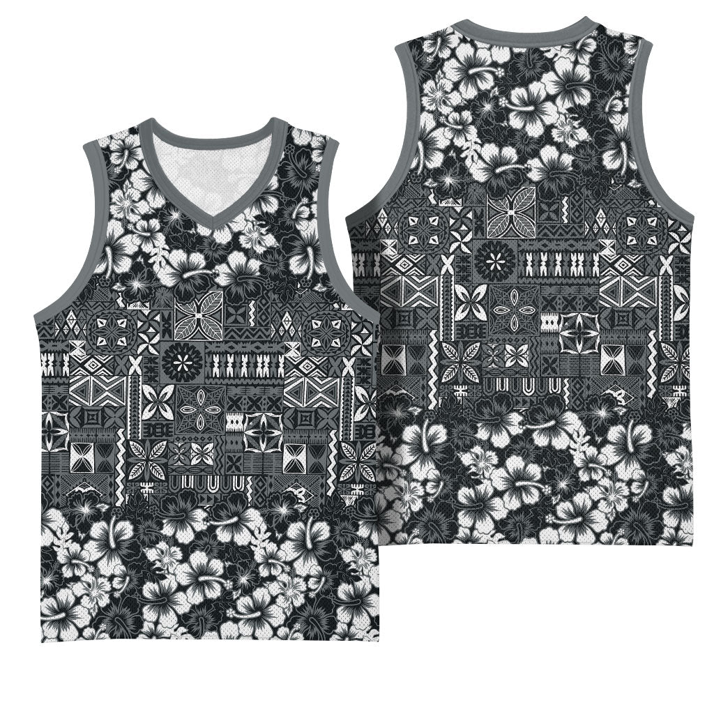Black Hawaiian Tapa Tribal Hibiscus Basketball Jersey LT9 - Polynesian Pride