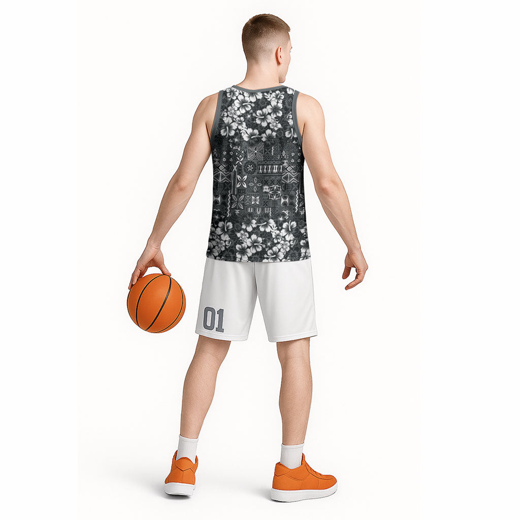 Black Hawaiian Tapa Tribal Hibiscus Basketball Jersey LT9 - Polynesian Pride