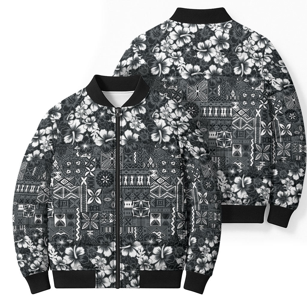 Black Hawaiian Tapa Tribal Hibiscus Bomber Puffer Jacket LT9 - Polynesian Pride