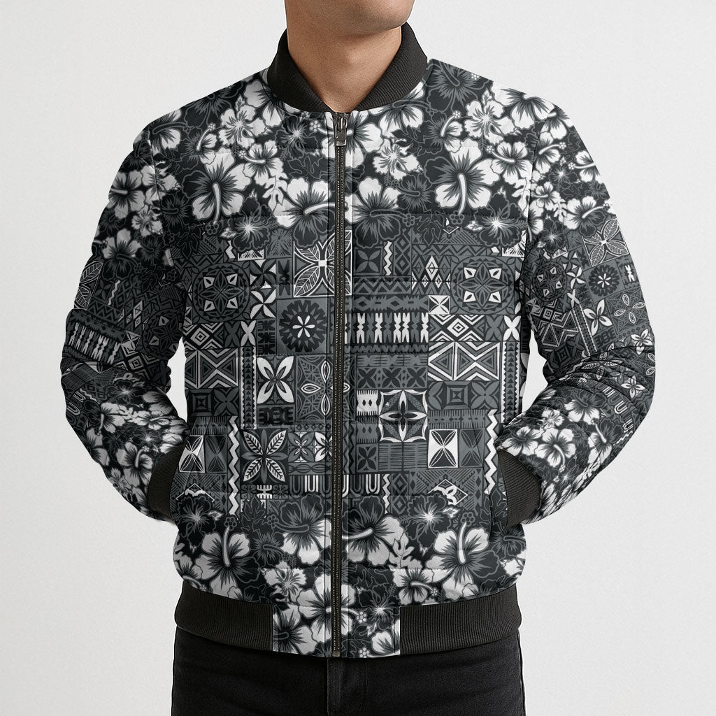 Black Hawaiian Tapa Tribal Hibiscus Bomber Puffer Jacket LT9 - Polynesian Pride