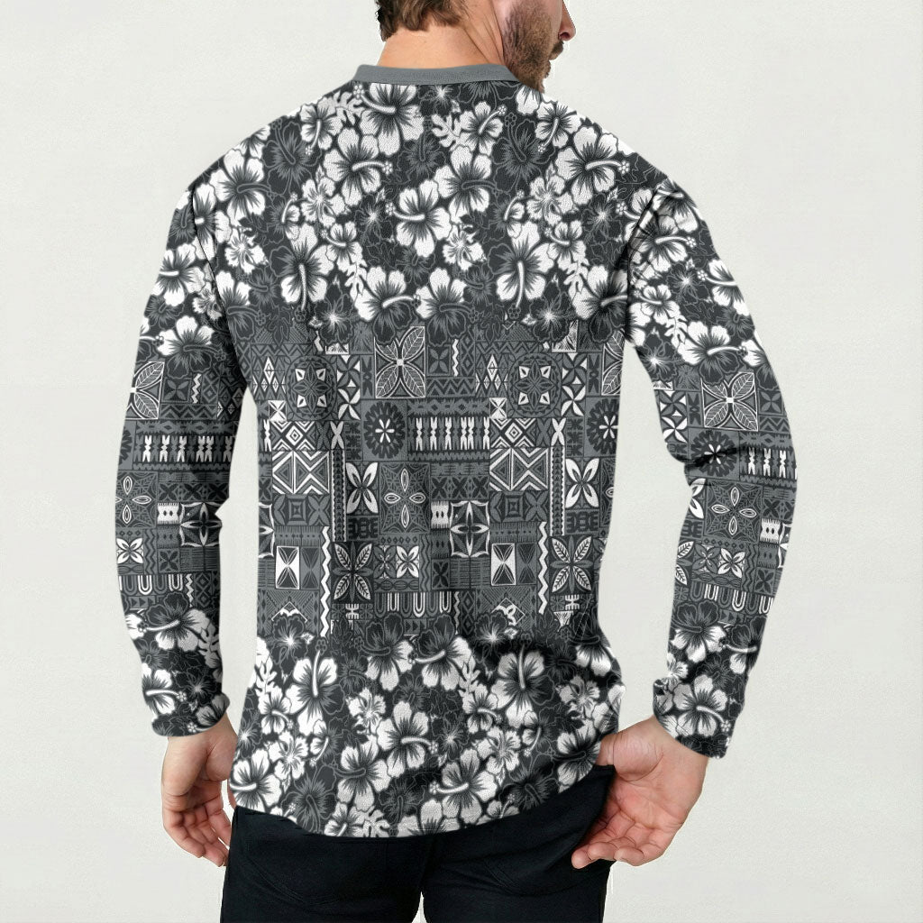 Black Hawaiian Tapa Tribal Hibiscus Button Sweatshirt LT9 - Polynesian Pride