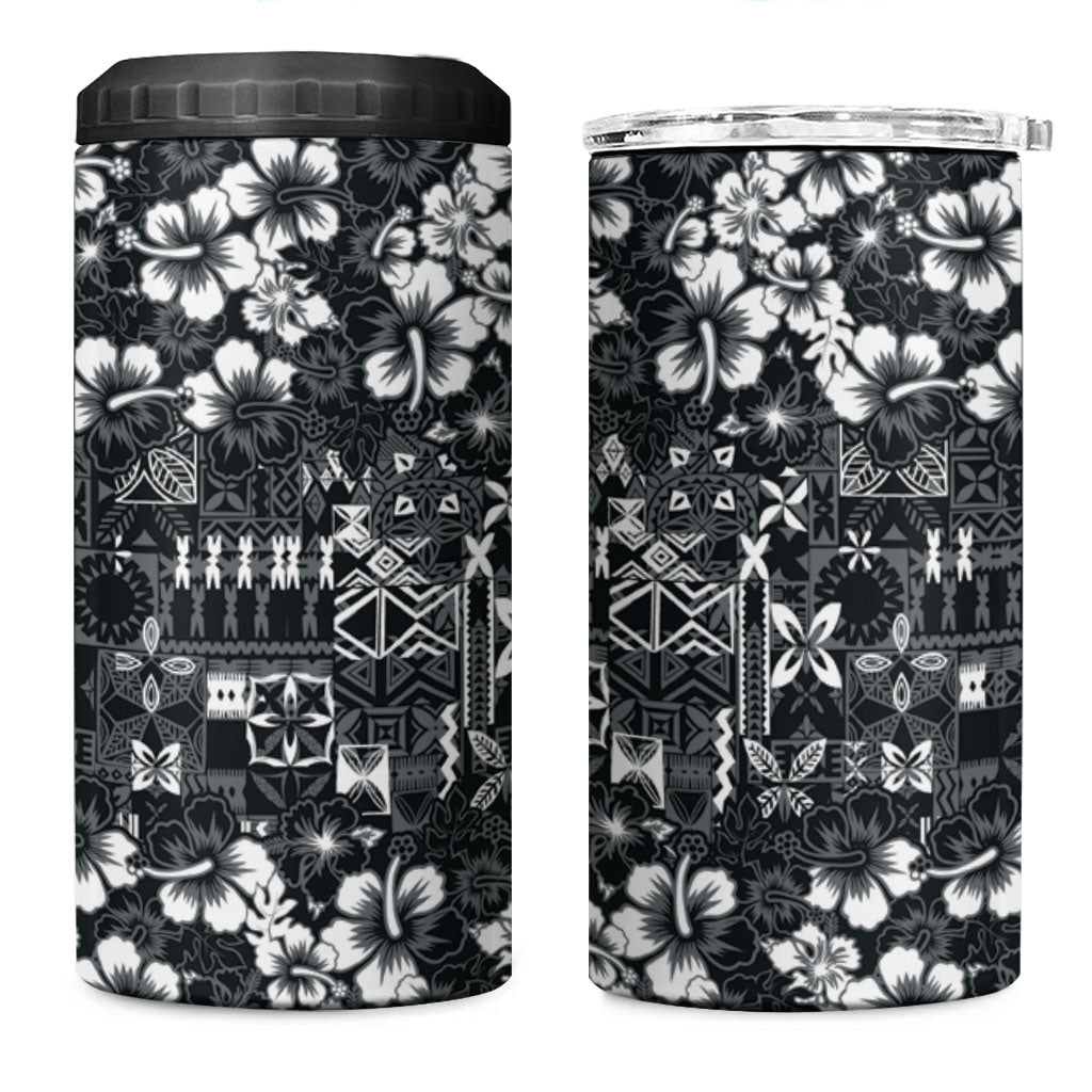 Black Hawaiian Tapa Tribal Hibiscus 4 in 1 Can Cooler Tumbler LT9 One Size: 16 oz Black - Polynesian Pride