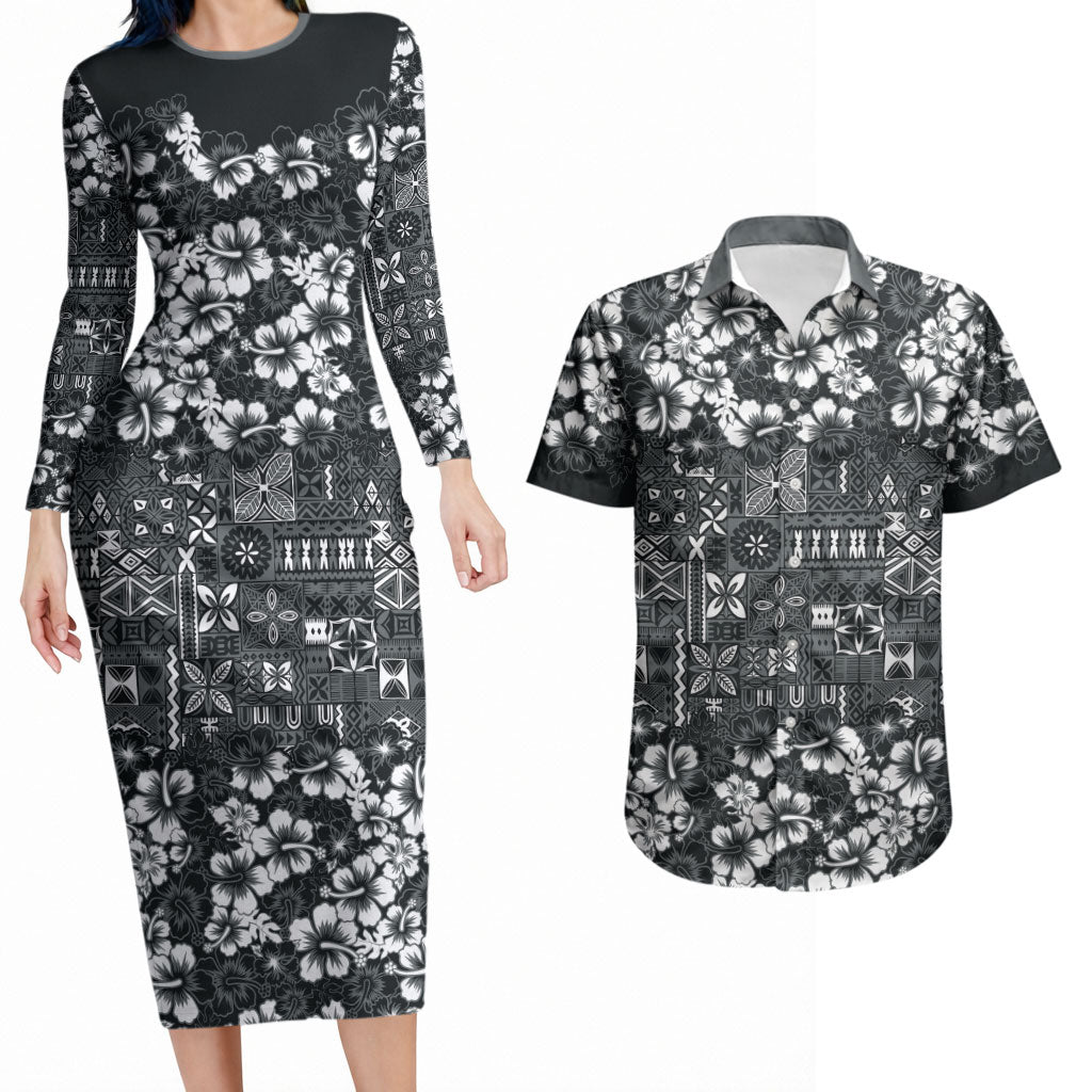 Black Hawaiian Tapa Tribal Hibiscus Couples Matching Long Sleeve Bodycon Dress and Hawaiian Shirt LT9 Black - Polynesian Pride