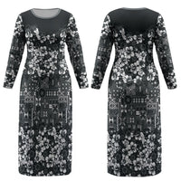 Black Hawaiian Tapa Tribal Hibiscus Couples Matching Long Sleeve Bodycon Dress and Hawaiian Shirt LT9 - Polynesian Pride