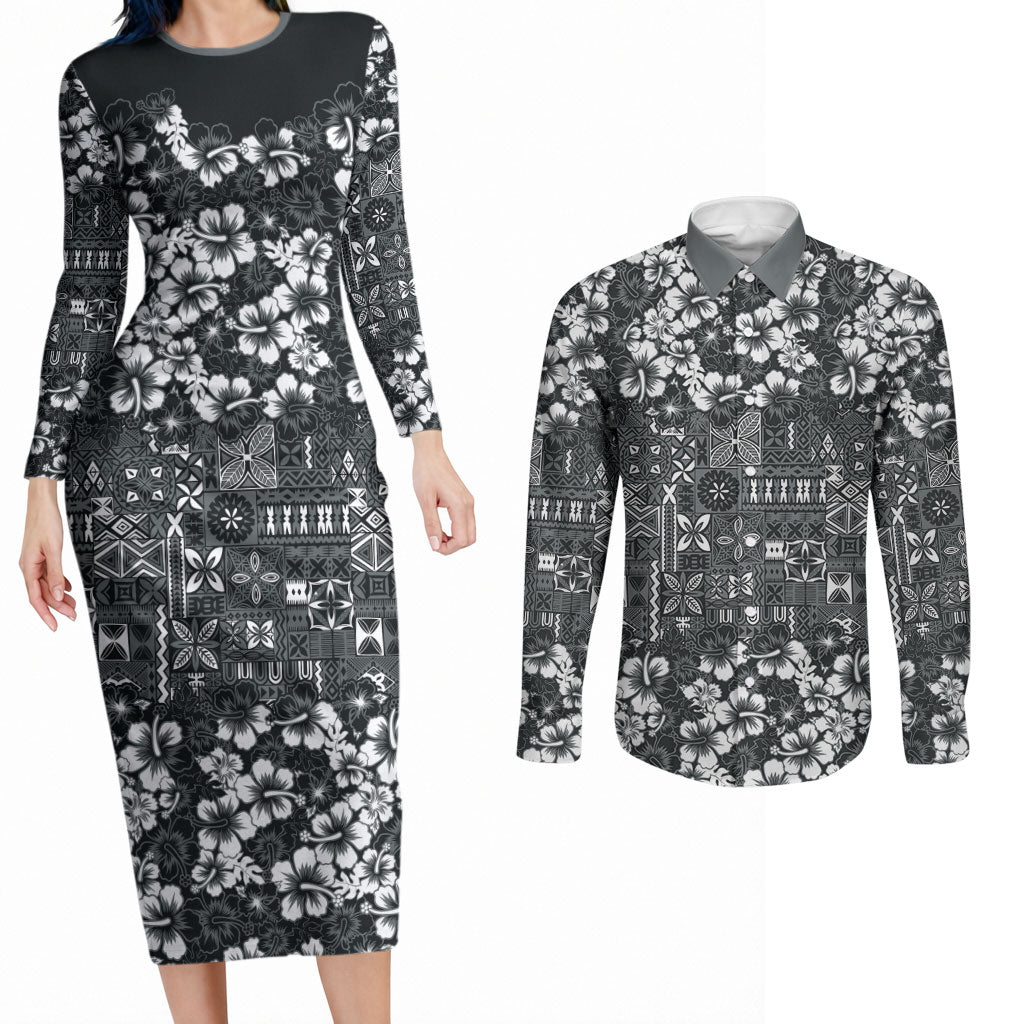 Black Hawaiian Tapa Tribal Hibiscus Couples Matching Long Sleeve Bodycon Dress and Long Sleeve Button Shirt LT9 Black - Polynesian Pride