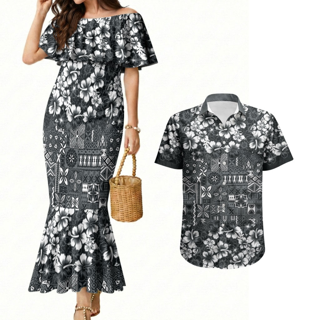 Black Hawaiian Tapa Tribal Hibiscus Couples Matching Mermaid Dress and Hawaiian Shirt LT9 Black - Polynesian Pride