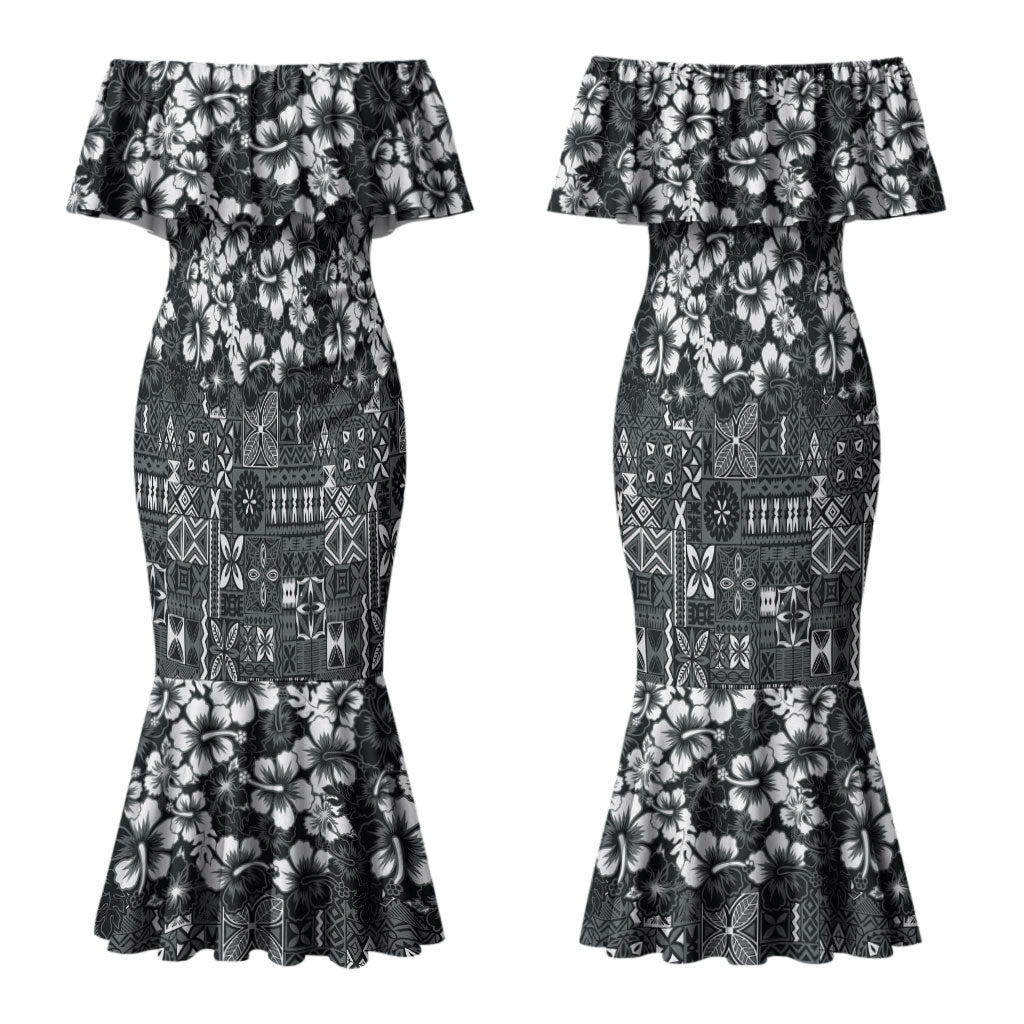 Black Hawaiian Tapa Tribal Hibiscus Couples Matching Mermaid Dress and Hawaiian Shirt LT9 - Polynesian Pride