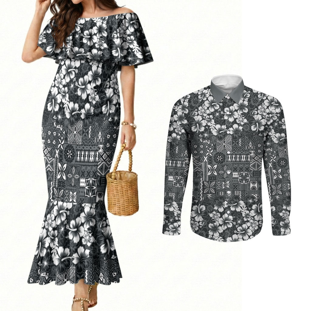 Black Hawaiian Tapa Tribal Hibiscus Couples Matching Mermaid Dress and Long Sleeve Button Shirt LT9 Black - Polynesian Pride