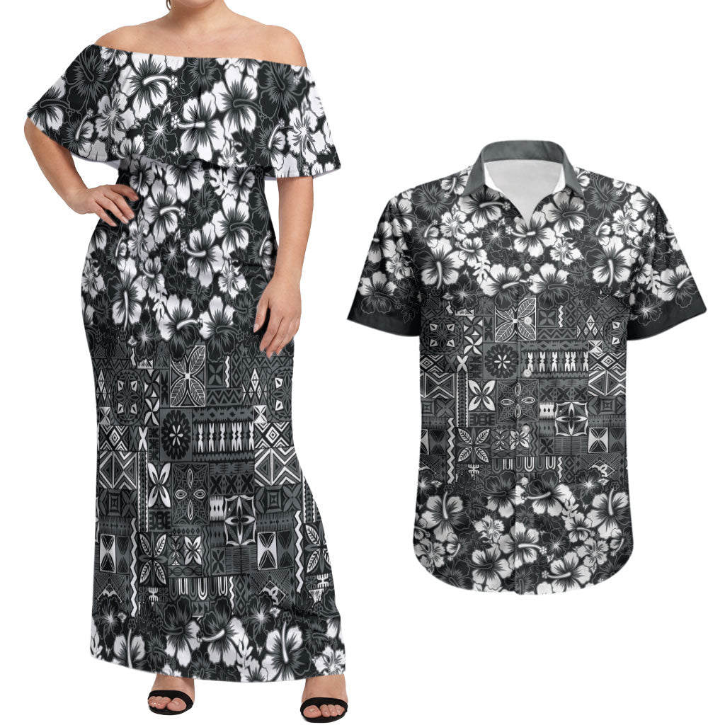 Black Hawaiian Tapa Tribal Hibiscus Couples Matching Off Shoulder Maxi Dress and Hawaiian Shirt LT9 Black - Polynesian Pride