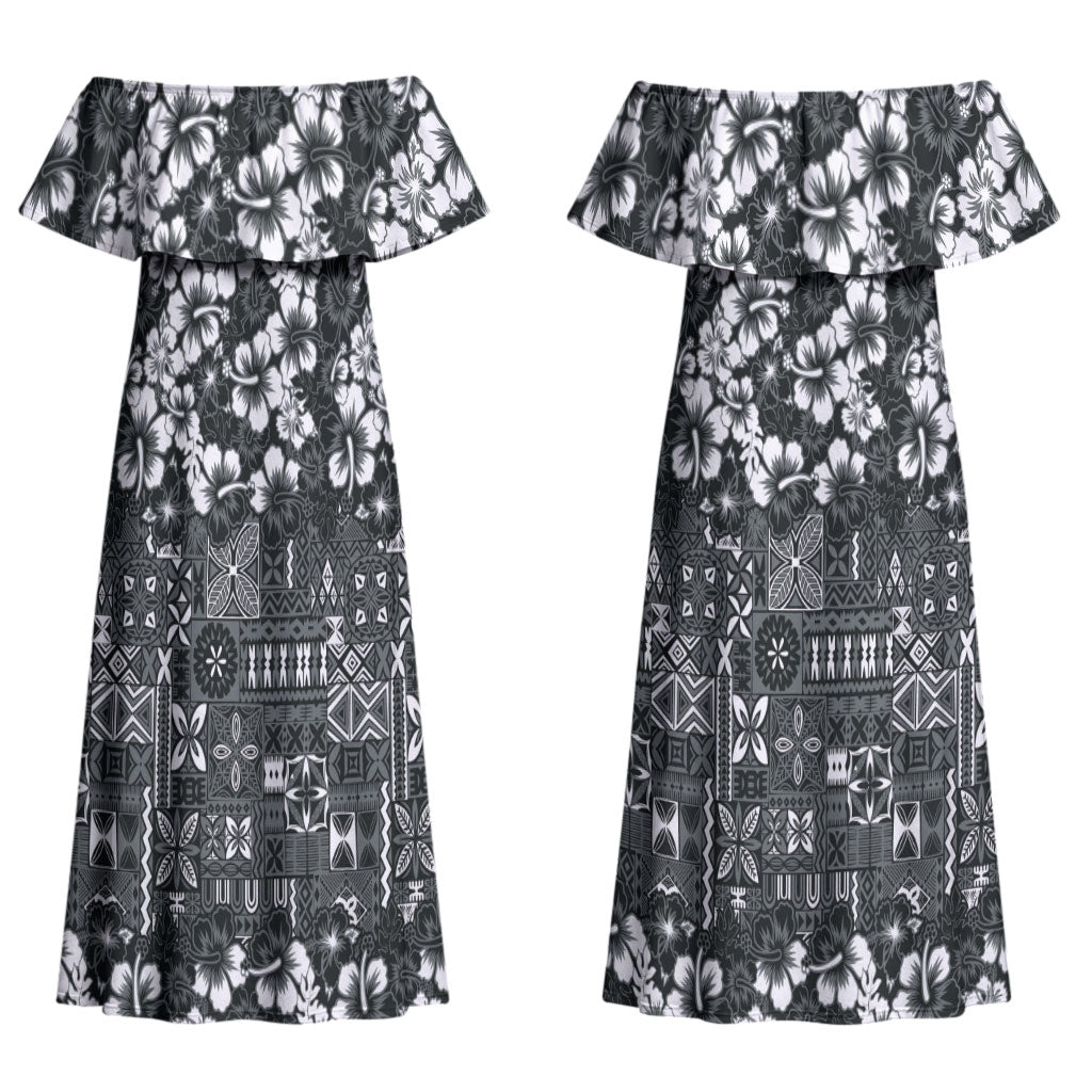Black Hawaiian Tapa Tribal Hibiscus Couples Matching Off Shoulder Maxi Dress and Hawaiian Shirt LT9 - Polynesian Pride
