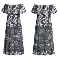 Black Hawaiian Tapa Tribal Hibiscus Couples Matching Off Shoulder Maxi Dress and Hawaiian Shirt LT9 - Polynesian Pride