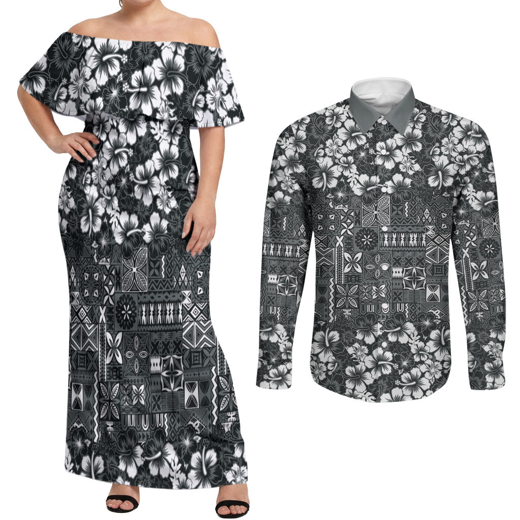 Black Hawaiian Tapa Tribal Hibiscus Couples Matching Off Shoulder Maxi Dress and Long Sleeve Button Shirt LT9 Black - Polynesian Pride