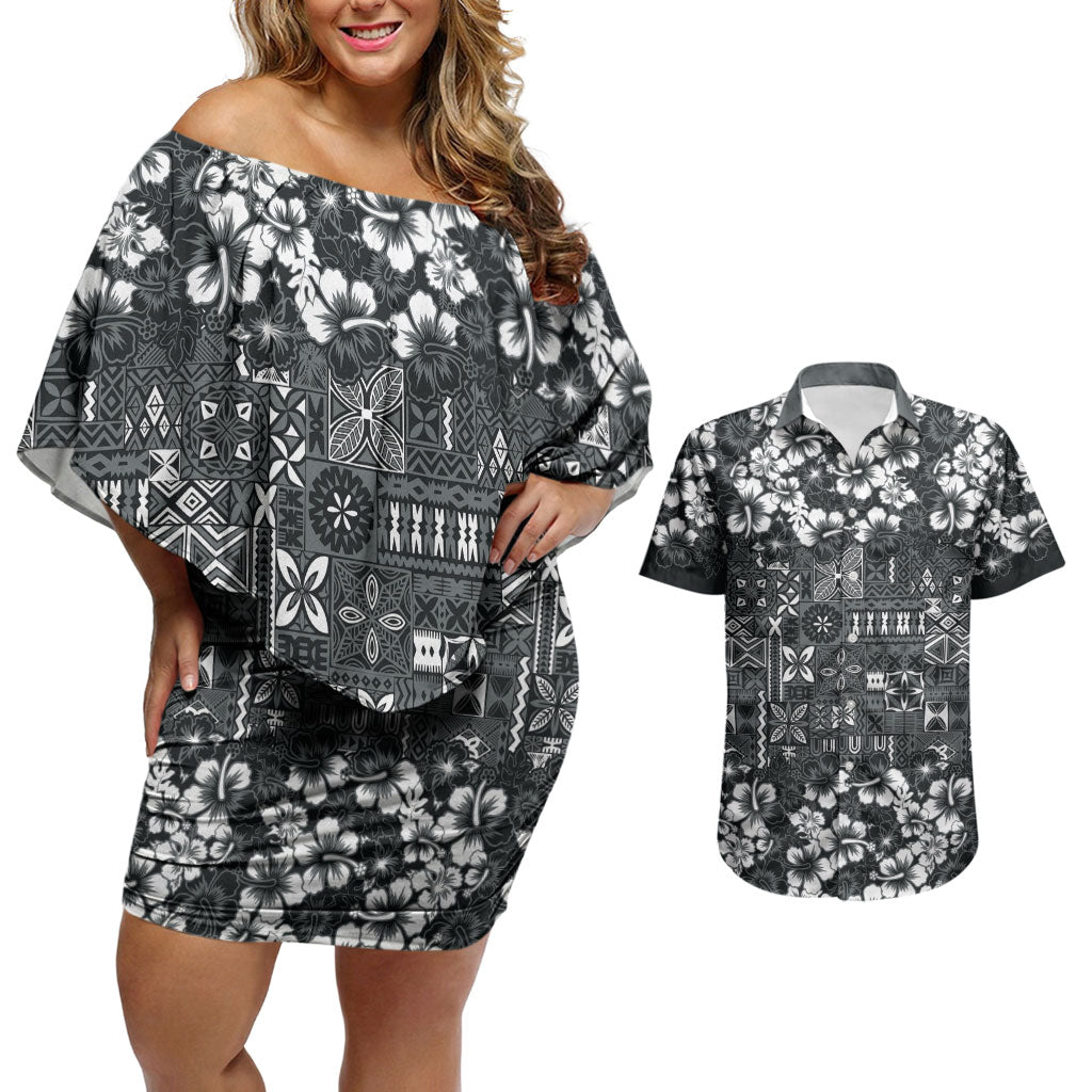 Black Hawaiian Tapa Tribal Hibiscus Couples Matching Off Shoulder Short Dress and Hawaiian Shirt LT9 Black - Polynesian Pride