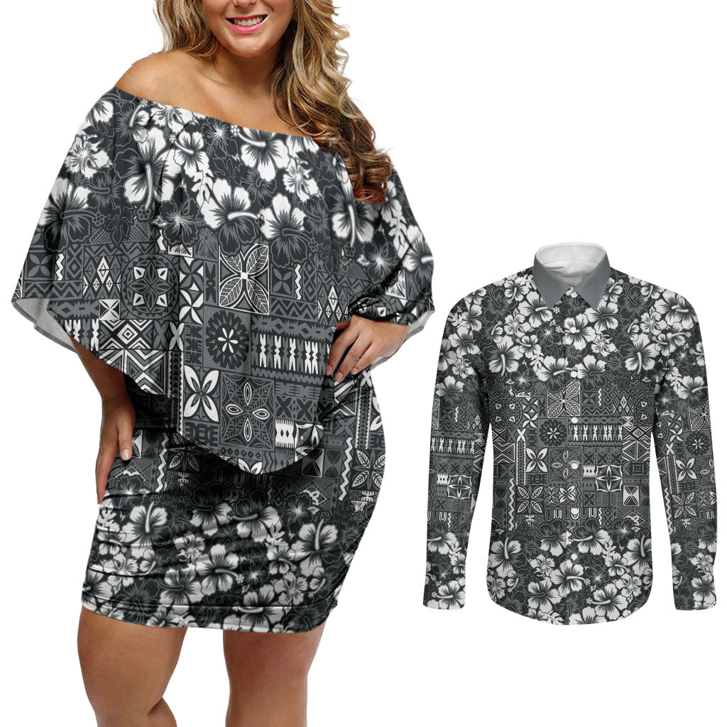 Black Hawaiian Tapa Tribal Hibiscus Couples Matching Off Shoulder Short Dress and Long Sleeve Button Shirt LT9 Black - Polynesian Pride
