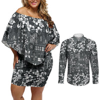 Black Hawaiian Tapa Tribal Hibiscus Couples Matching Off Shoulder Short Dress and Long Sleeve Button Shirt LT9 Black - Polynesian Pride
