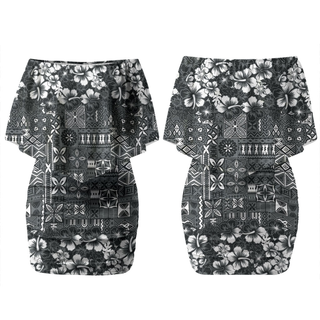 Black Hawaiian Tapa Tribal Hibiscus Couples Matching Off Shoulder Short Dress and Long Sleeve Button Shirt LT9 - Polynesian Pride