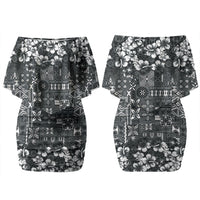 Black Hawaiian Tapa Tribal Hibiscus Couples Matching Off Shoulder Short Dress and Long Sleeve Button Shirt LT9 - Polynesian Pride