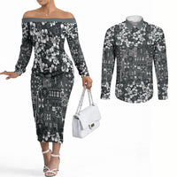Black Hawaiian Tapa Tribal Hibiscus Couples Matching Off The Shoulder Long Sleeve Dress and Long Sleeve Button Shirt LT9 Black - Polynesian Pride