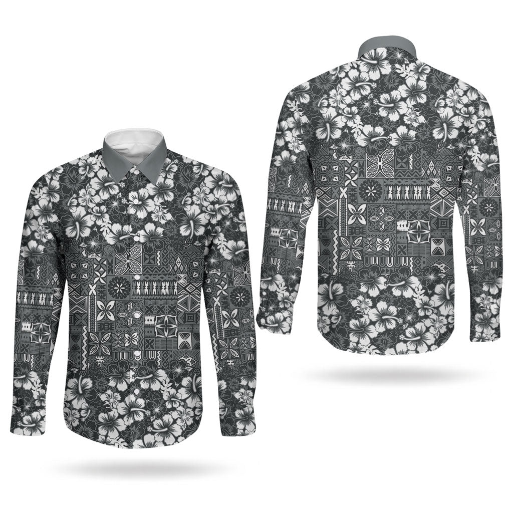 Black Hawaiian Tapa Tribal Hibiscus Couples Matching Off The Shoulder Long Sleeve Dress and Long Sleeve Button Shirt LT9 - Polynesian Pride