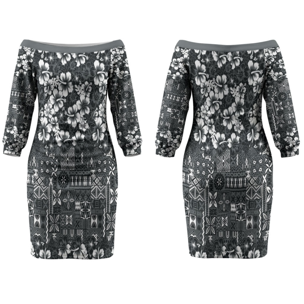Black Hawaiian Tapa Tribal Hibiscus Couples Matching Off The Shoulder Long Sleeve Dress and Long Sleeve Button Shirt LT9 - Polynesian Pride