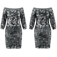 Black Hawaiian Tapa Tribal Hibiscus Couples Matching Off The Shoulder Long Sleeve Dress and Long Sleeve Button Shirt LT9 - Polynesian Pride