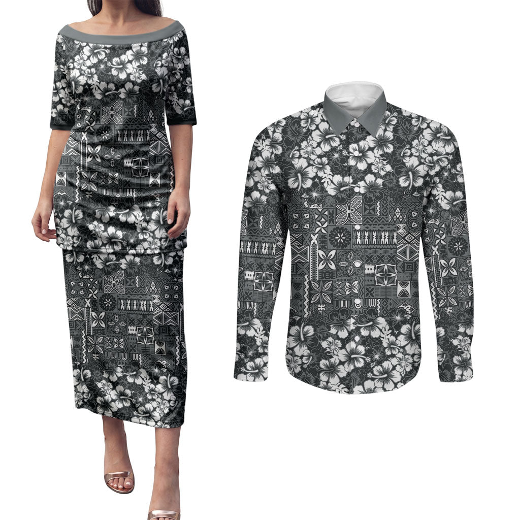Black Hawaiian Tapa Tribal Hibiscus Couples Matching Puletasi and Long Sleeve Button Shirt LT9 Black - Polynesian Pride