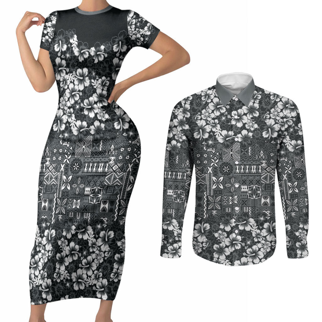 Black Hawaiian Tapa Tribal Hibiscus Couples Matching Short Sleeve Bodycon Dress and Long Sleeve Button Shirt LT9 Black - Polynesian Pride