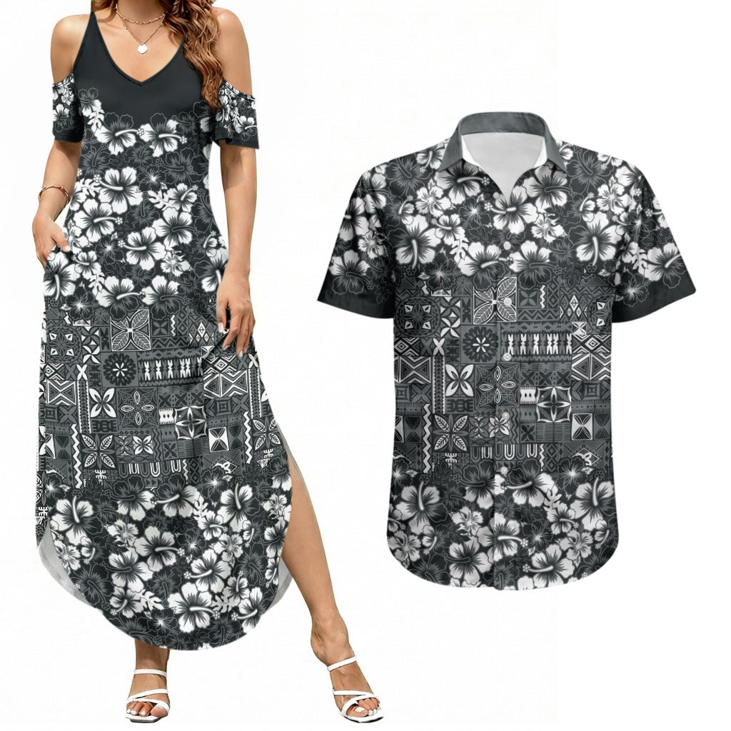 Black Hawaiian Tapa Tribal Hibiscus Couples Matching Summer Maxi Dress and Hawaiian Shirt LT9 Black - Polynesian Pride