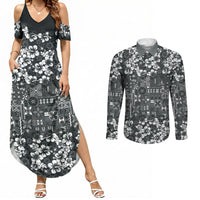 Black Hawaiian Tapa Tribal Hibiscus Couples Matching Summer Maxi Dress and Long Sleeve Button Shirt LT9 Black - Polynesian Pride