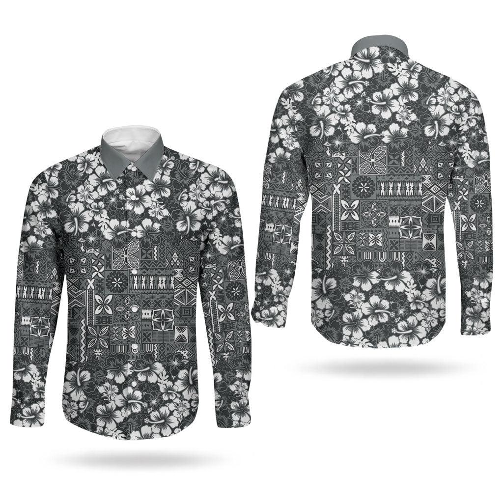 Black Hawaiian Tapa Tribal Hibiscus Couples Matching Summer Maxi Dress and Long Sleeve Button Shirt LT9 - Polynesian Pride