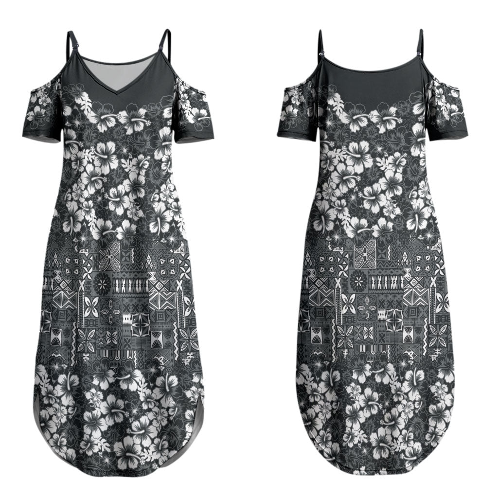 Black Hawaiian Tapa Tribal Hibiscus Couples Matching Summer Maxi Dress and Long Sleeve Button Shirt LT9 - Polynesian Pride