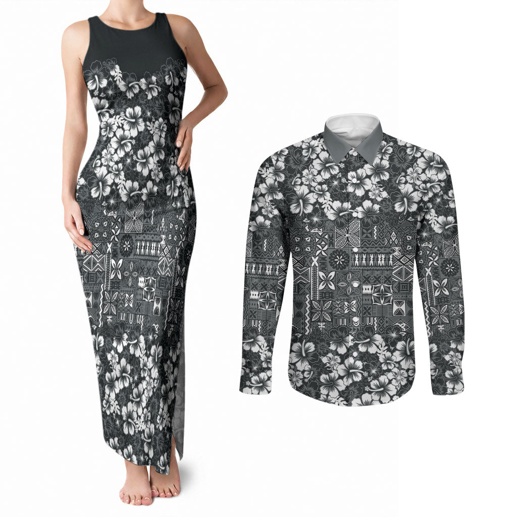 Black Hawaiian Tapa Tribal Hibiscus Couples Matching Tank Maxi Dress and Long Sleeve Button Shirt LT9 Black - Polynesian Pride