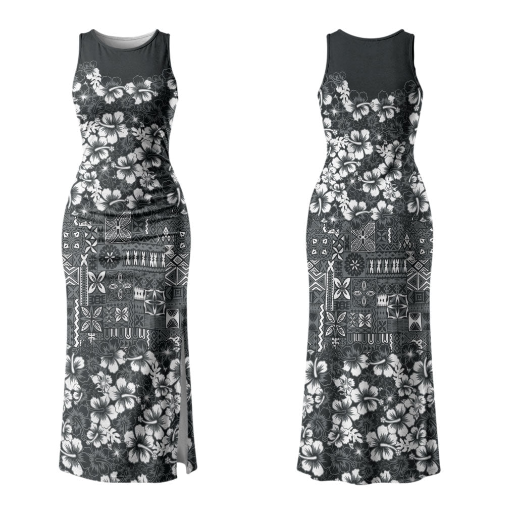 Black Hawaiian Tapa Tribal Hibiscus Couples Matching Tank Maxi Dress and Long Sleeve Button Shirt LT9 - Polynesian Pride